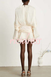 Ninah Glitter Fabric Pleated Balloon Sleeve Tiered Ruffle Hem Mini Dress