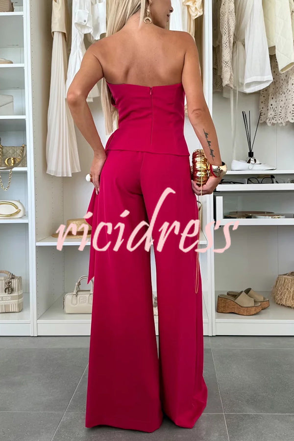 Elegant Solid Color Asymmetric Ruffles Bandeau Top and High Waist Wide Leg Pants Set