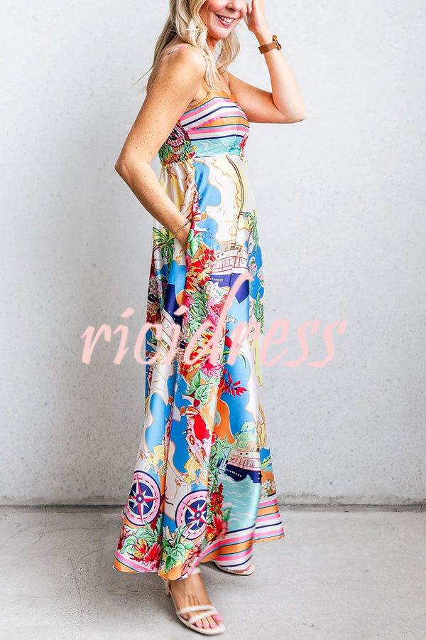 Satin Resort Print Sling Back Pleated Maxi Dress