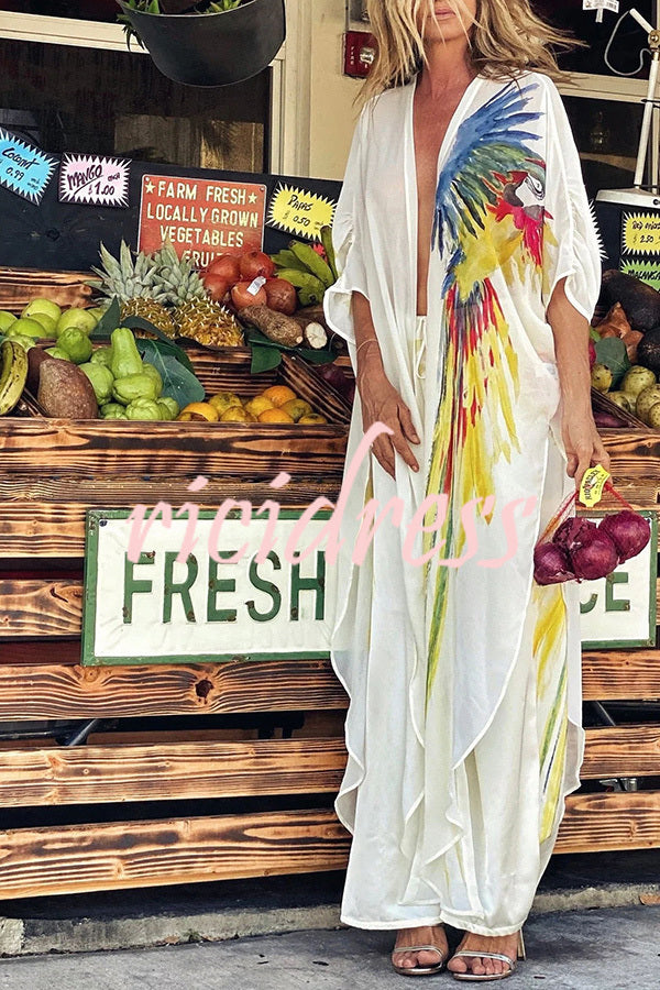Forest Story Gorgeous Unique Printed Semi Sheer Patchwork Slit Cover Up