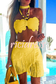 Solid Color Halter Neck Tassel Skirt Stretch Two-piece Bikini Swimsuit