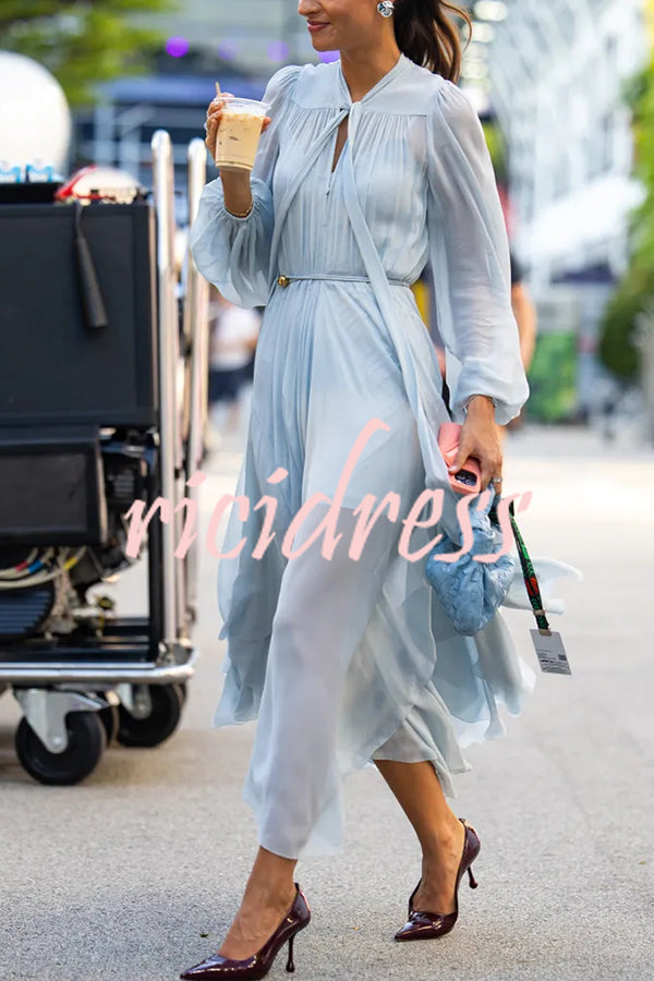 Elegant and Graceful Tie-up Neck Long Balloon Sleeve Handkerchief Midi Dress