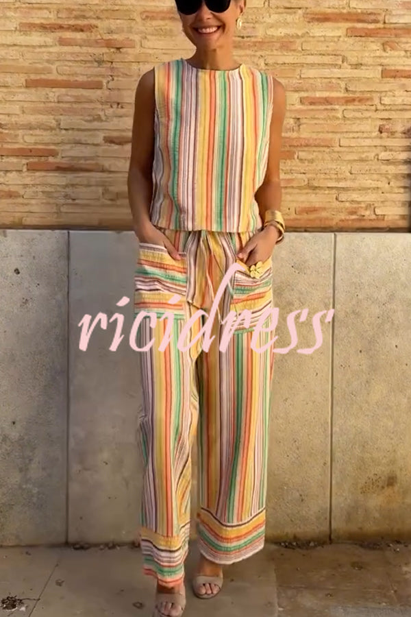 Tylah Linen Blend Colorful Striped Back Button Vest and Elastic Waist Pocket Loose Pants Set