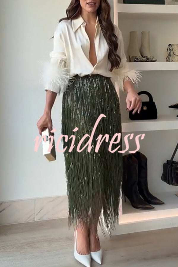 Party Crasher Feather Trim Long Sleeve Button Up Loose Blouse