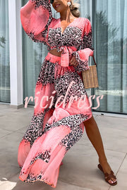 Lady Summer Leopard Print Lantern Sleeve Top and Elastic Waist Slit Pants Set
