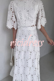 Elegant Embroidered Hollow Flowers Bell Sleeve Top and Full Hem Maxi Skirt Set