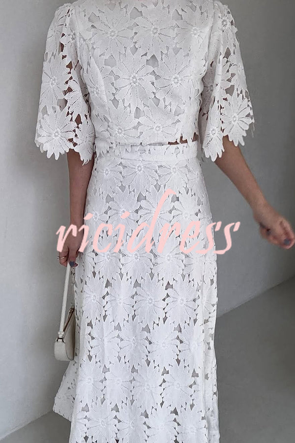 Elegant Embroidered Hollow Flowers Bell Sleeve Top and Full Hem Maxi Skirt Set