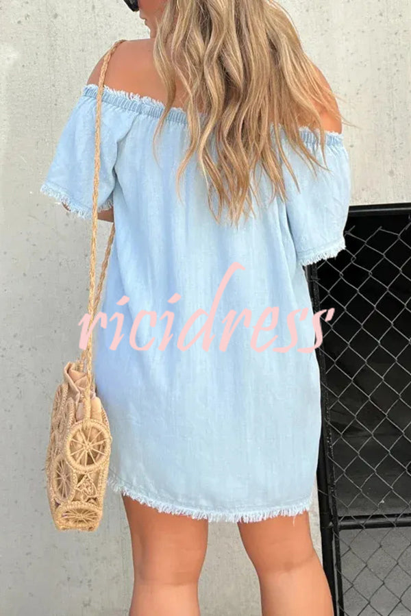 Fashionable Off Shoulder Short-sleeved Loose Denim Mini Dress