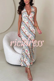 Garden Goddess Unique Colorblock Floral Print Halter Backless Maxi Dress