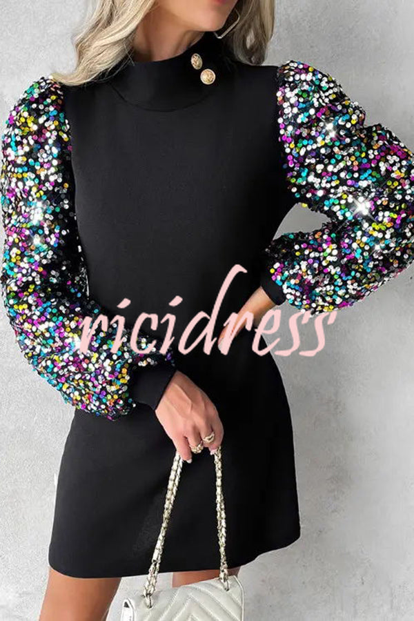 Color Block Turtleneck Balloon Sleeves Sequined Button Mini Dress