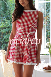 Plaid Print Sleeveless Pleated Waist Casual Rompers