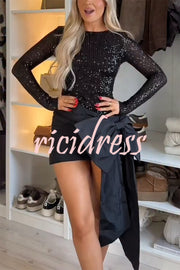 Forever New Sequin Long Sleeve Oversized Bow Drape Mini Dress