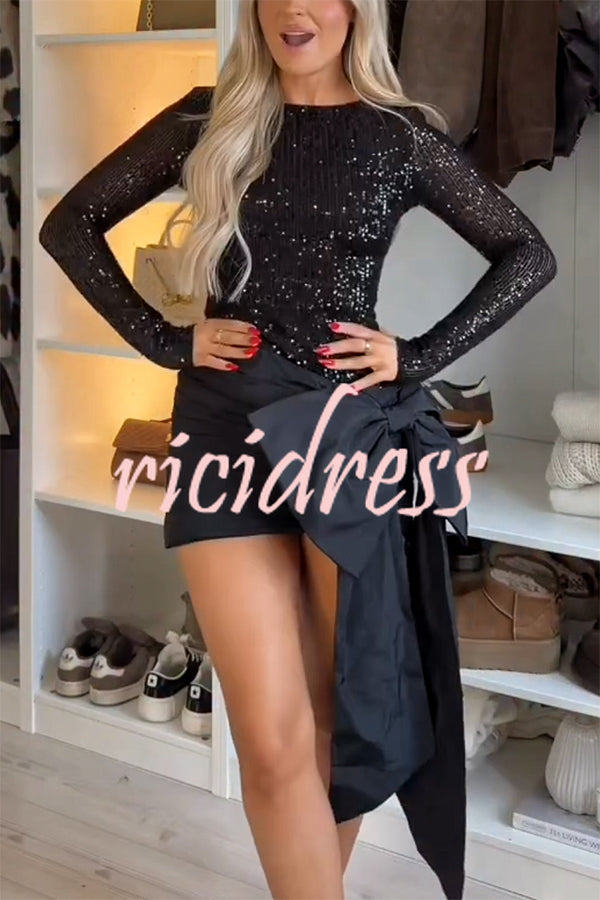 Forever New Sequin Long Sleeve Oversized Bow Drape Mini Dress
