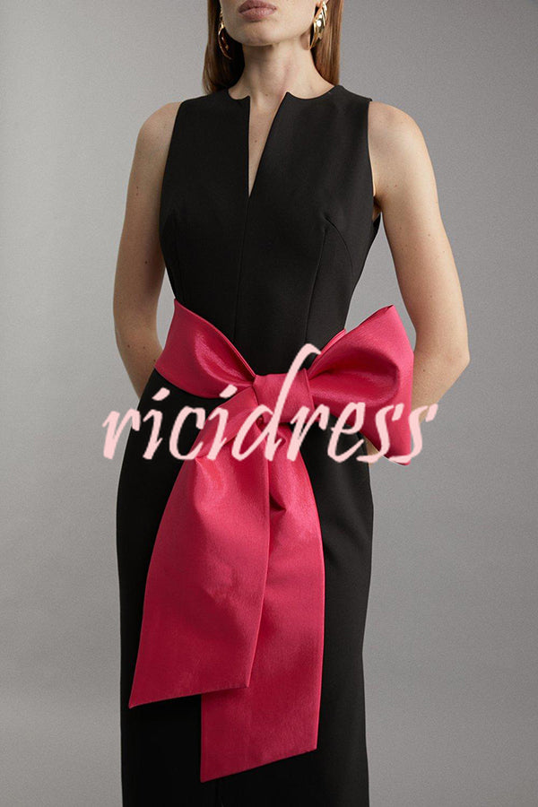 Clean Tailored Taffeta Contrast Oversized Bow Tie Waist Midi Dress