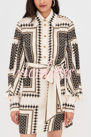 Hildie Unique Print Epaulettes Long Sleeve Flap Pockets Tie-up Waist Shirt Mini Dress