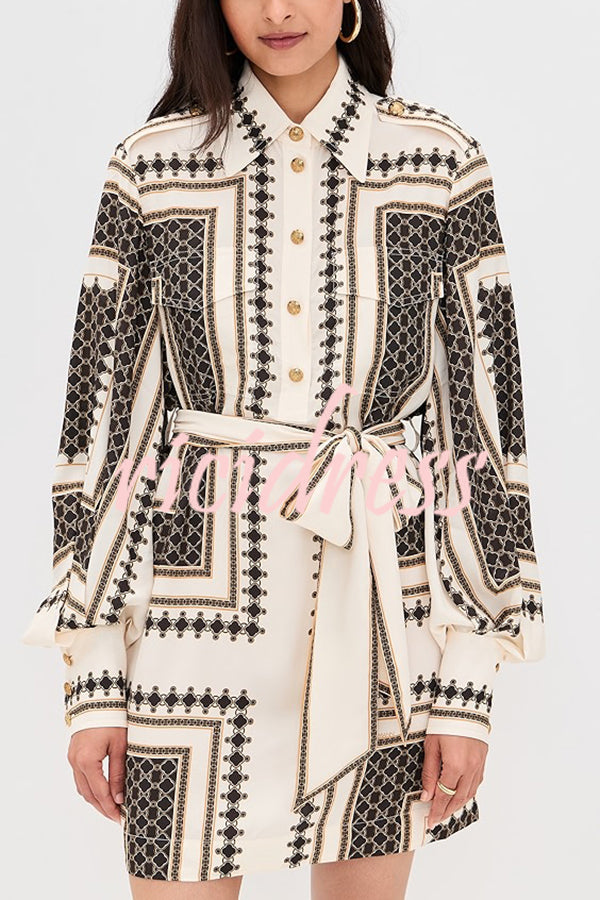 Hildie Unique Print Epaulettes Long Sleeve Flap Pockets Tie-up Waist Shirt Mini Dress