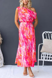 Satin Unique Print One Shoulder Tie Waist Slit Maxi Dress