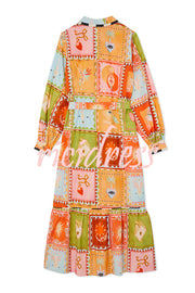 Linen Blend Unique Printed Long Sleeve Lapel Tie-waist Midi Dress