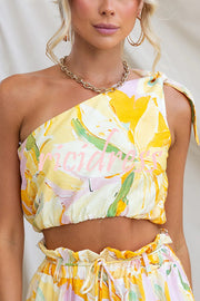 Soleila Floral Print One Shoulder Tie-up Crop Top and Elastic Waist Pocket Loose Pants Set