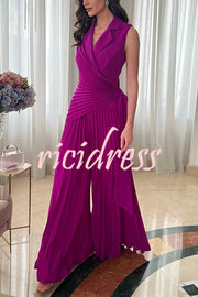 Solid Color Lapel Sleeveless Waist Tie Pleated Wide-leg Jumpsuit