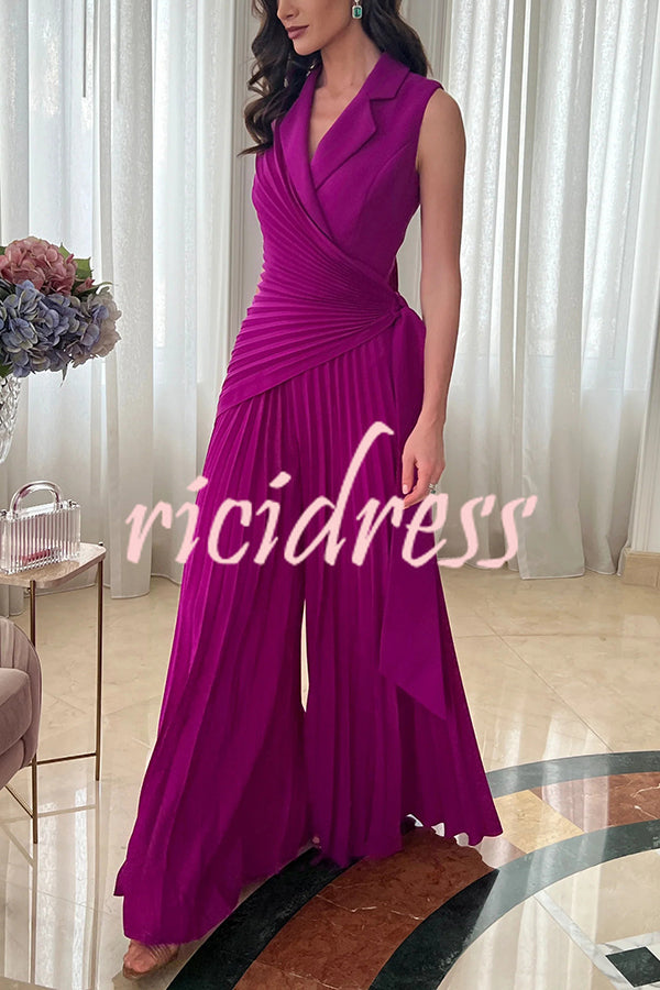 Solid Color Lapel Sleeveless Waist Tie Pleated Wide-leg Jumpsuit