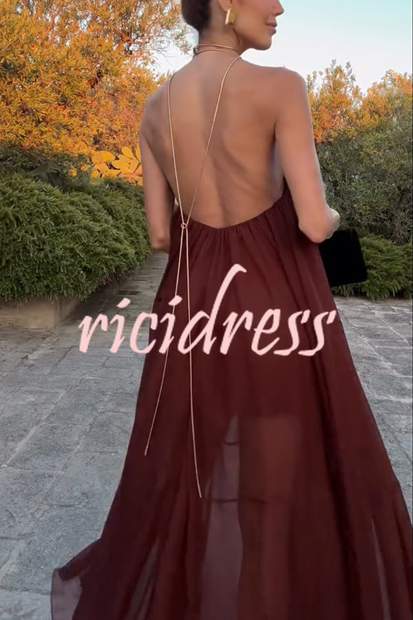 Flowing Lightweight Chiffon Chain Halter Neck Detail Backless A-line Maxi Dress