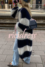 Fashionable Contrast Stripes Lazy Style Loose Long Knitted Cardigan