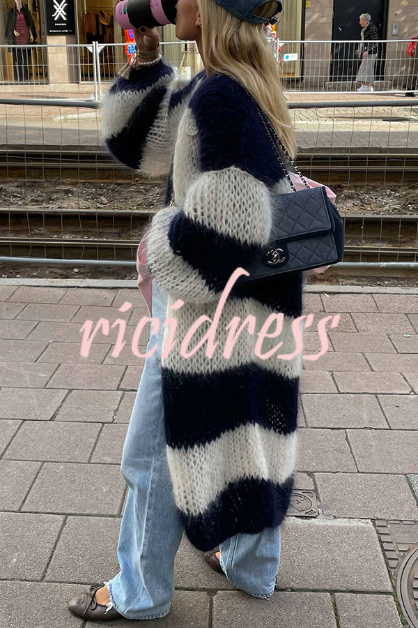 Fashionable Contrast Stripes Lazy Style Loose Long Knitted Cardigan