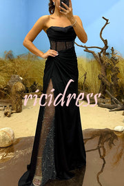 Essie Satin Rhinestone Patchwork Twist Waist Strapless Slit Maxi Dress