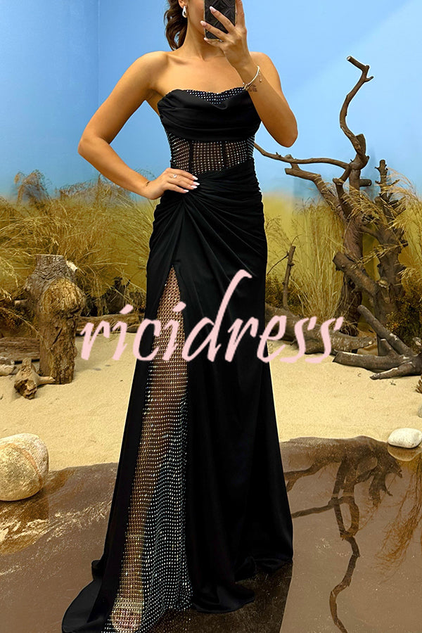 Essie Satin Rhinestone Patchwork Twist Waist Strapless Slit Maxi Dress