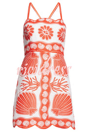 Ainika Linen Blend Shell Print Back Lace-up Petal Trim Mini Dress