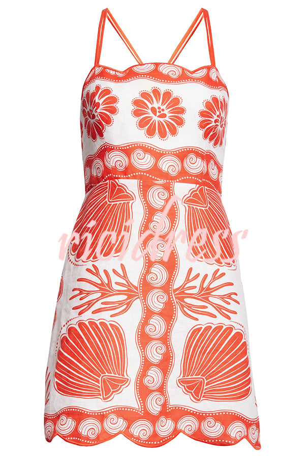Ainika Linen Blend Shell Print Back Lace-up Petal Trim Mini Dress