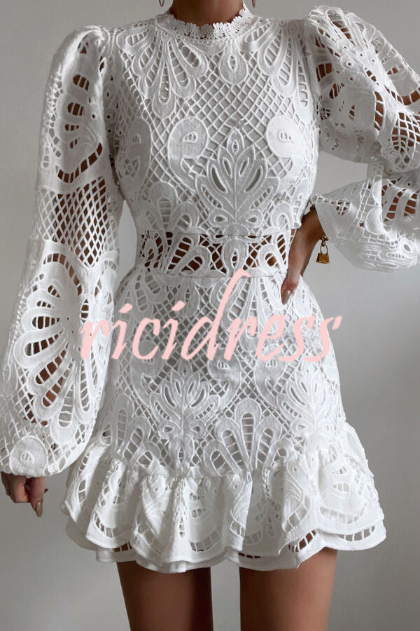 Solid Color Hollow Long-sleeved Waisted Lace Mini Dress