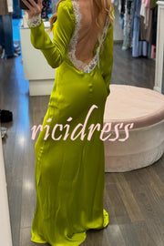Mystic Moment Satin Lace Trim Long Sleeve Backless Maxi Dress