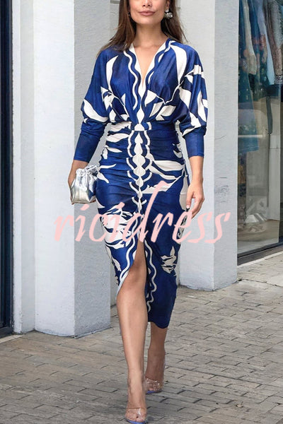 Caliana Unique Print Dolman Long Sleeve Ruched Slit Midi Dress