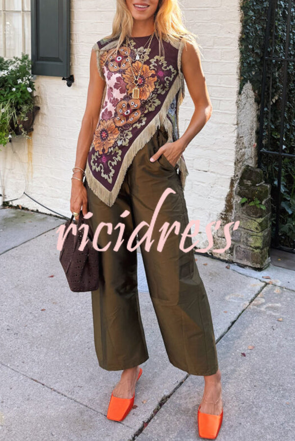 Stunning Floral Print Asymmetric Tassel Trim Scarf Top