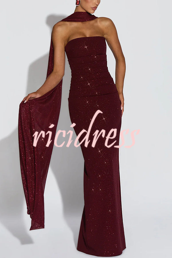 Pandra Glittery Crepe Fabric Off Shoulder Ruched Slit Cape Maxi Dress
