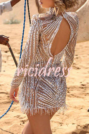 Ablina Dyla Silver Fringed Feather Sequin Slit Long Sleeve Mini Dress