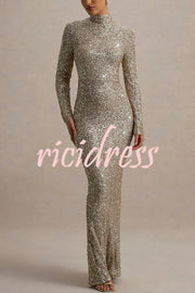 Galaxy Premium Sequin Turtle Neck Long Sleeve Maxi Dress