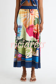 Seaside Holiday Satin Unique Print Knotted Scarf Top and Elastic Waist Loose Maxi Skirt Set