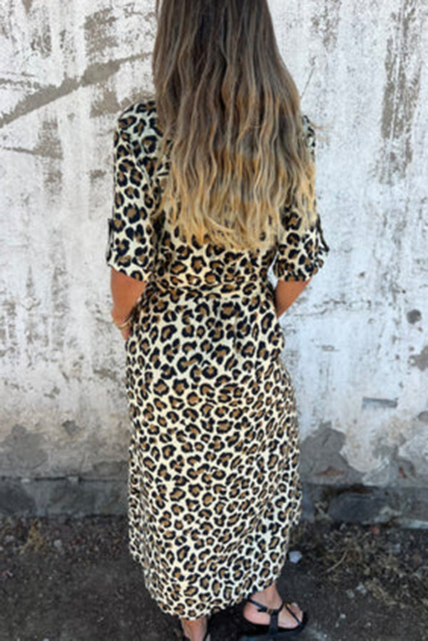 Fashionable Leopard Print Short Sleeve Tie Waist Elegant Maxi Dress