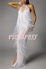 Glimmer Hour Shiny Layered Tassels Halter Cutout Neck Split Maxi Dress
