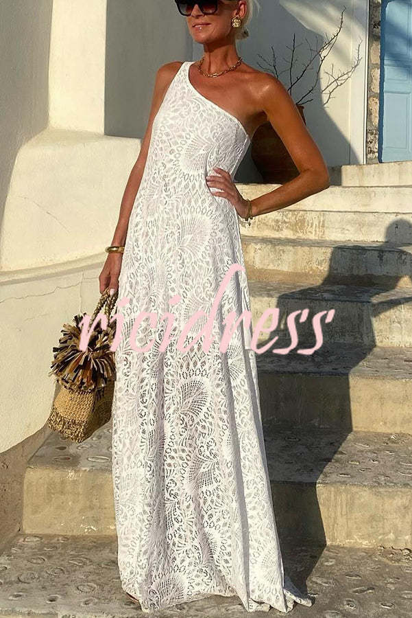 Pure Soul Unique Lace Pattern One Shoulder Slit Vacation Maxi Dress