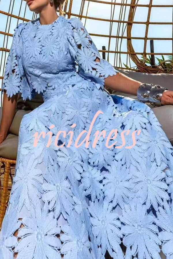 Elegant Embroidered Hollow Flowers Bell Sleeve Top and Full Hem Maxi Skirt Set