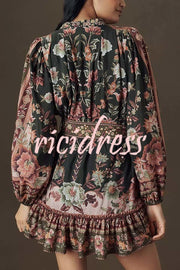 Brazilian Style Unique Floral Print Puff Sleeve Belted Pleated Hem Mini Dress