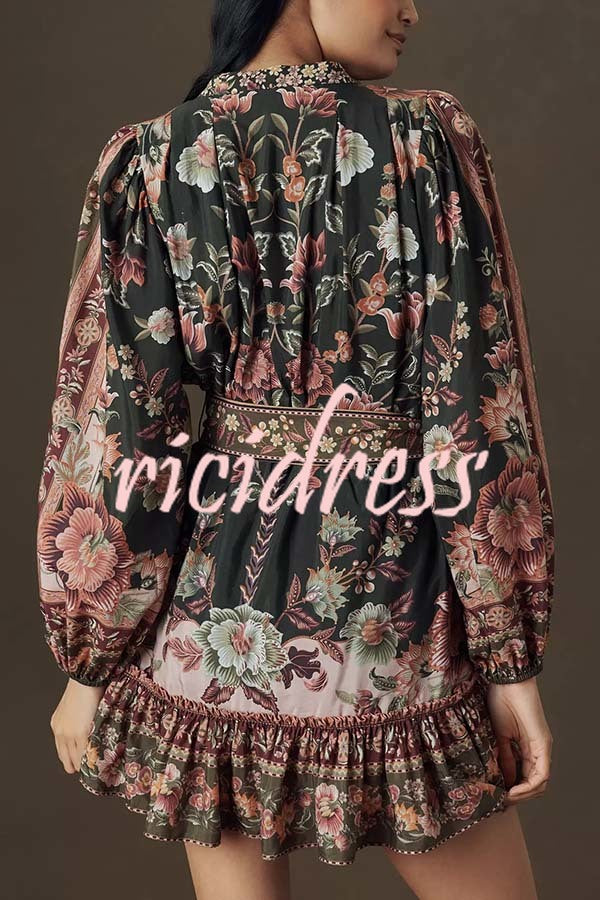 Brazilian Style Unique Floral Print Puff Sleeve Belted Pleated Hem Mini Dress
