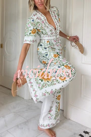 Natural Charm Linen Blend Floral  Print Short Sleeve Pocketed Wide Leg Jumpsuit