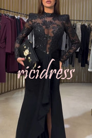 Fenna Sheer Floral Sequin Shoulder Pads Long Sleeve Drape Slit Maxi Dress