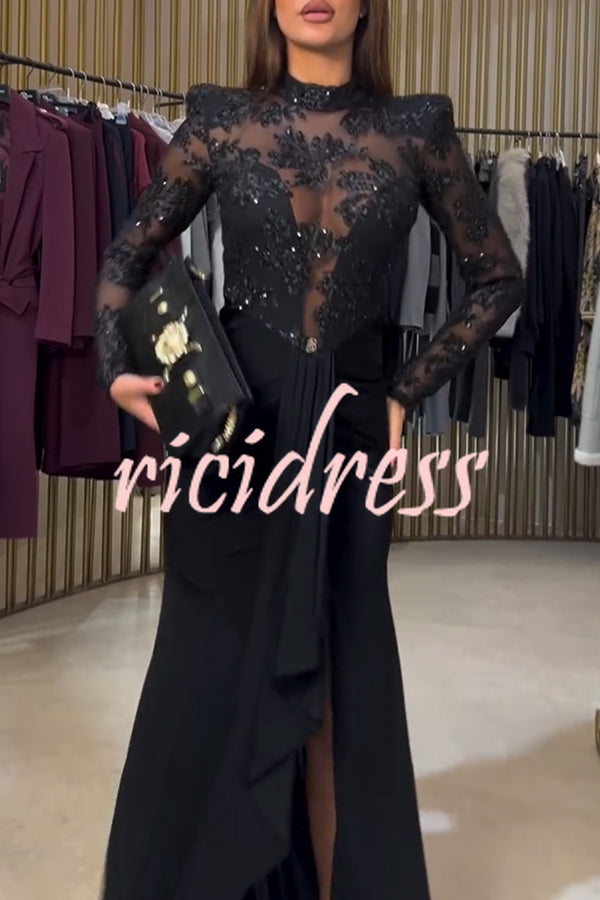 Fenna Sheer Floral Sequin Shoulder Pads Long Sleeve Drape Slit Maxi Dress