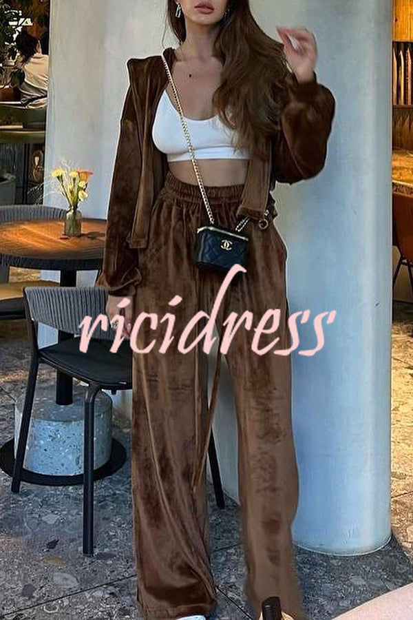 Velvet Zip Up Hooded Top and Drawstring Pants Two Piece Set